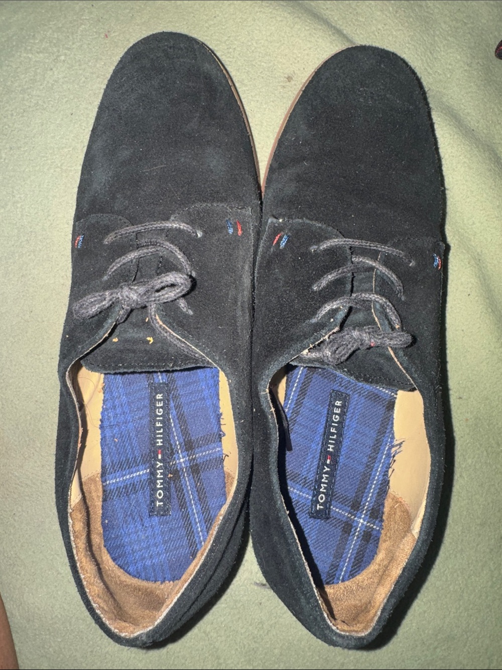 Tommy Hilfiger Black Suede Derby Shoes with Blue Plaid Insole